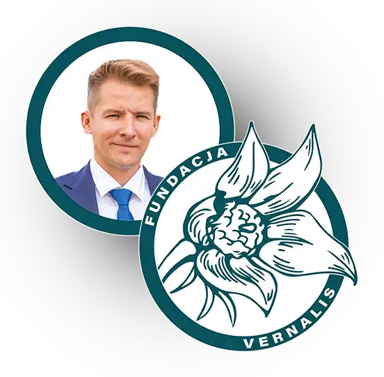 logo Fundacji Vernalis wraz z prezesem Bartłomiejem Nurczyńskim