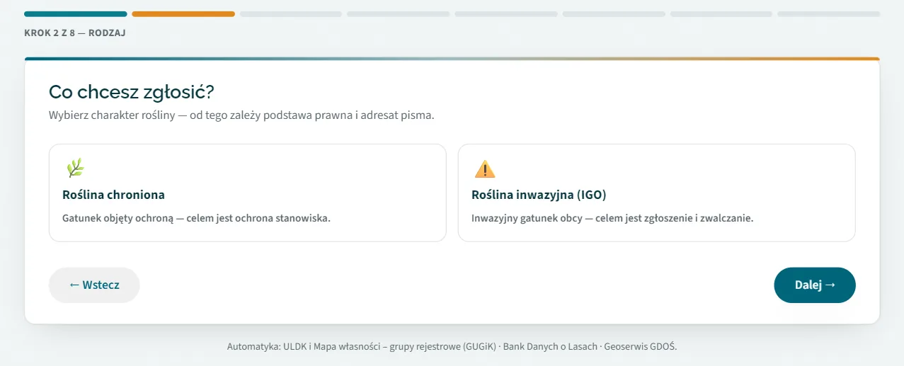 Formularz Pismo dla przyrody, krok 2 z 8 — wybór: roślina chroniona albo roślina inwazyjna (IGO)
