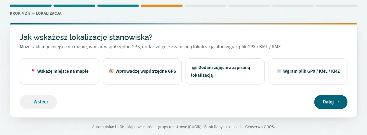 Formularz Pismo dla przyrody, krok 4 z 8 — cztery sposoby wskazania lokalizacji: mapa, współrzędne GPS, zdjęcie z zapisaną lokalizacją, plik GPX / KML / KMZ