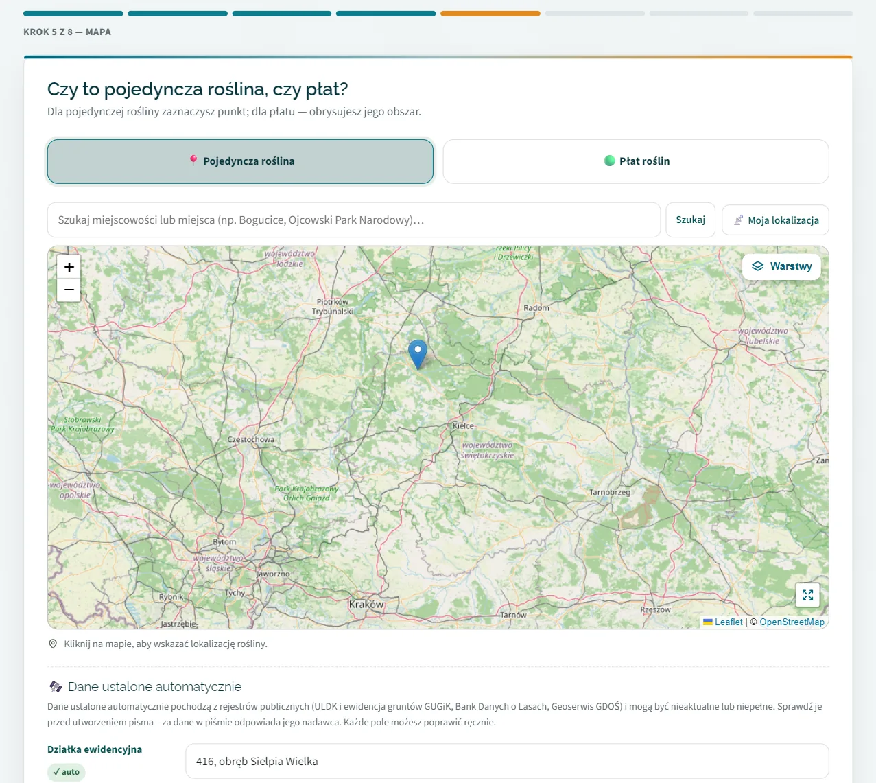 Formularz Pismo dla przyrody, krok 5 z 8 — wybór „Pojedyncza roślina”, mapa z zaznaczonym punktem i pierwsze dane ustalone automatycznie