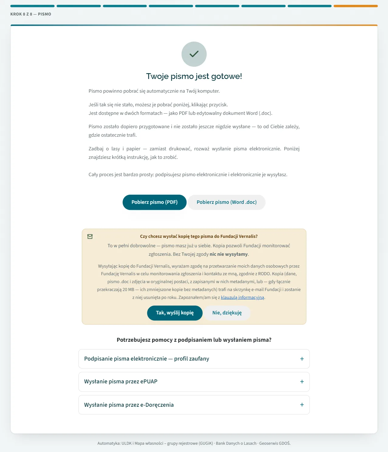 Formularz Pismo dla przyrody, krok 8 z 8 — ekran „Twoje pismo jest gotowe!” z przyciskami pobierania PDF i Word, pytaniem o kopię dla Fundacji i instrukcjami podpisu oraz wysyłki